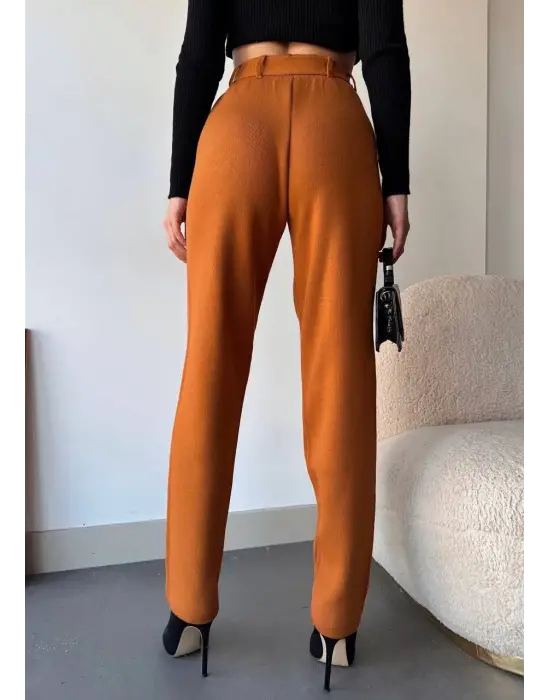 Kendinden kemerli triko pantolon camel