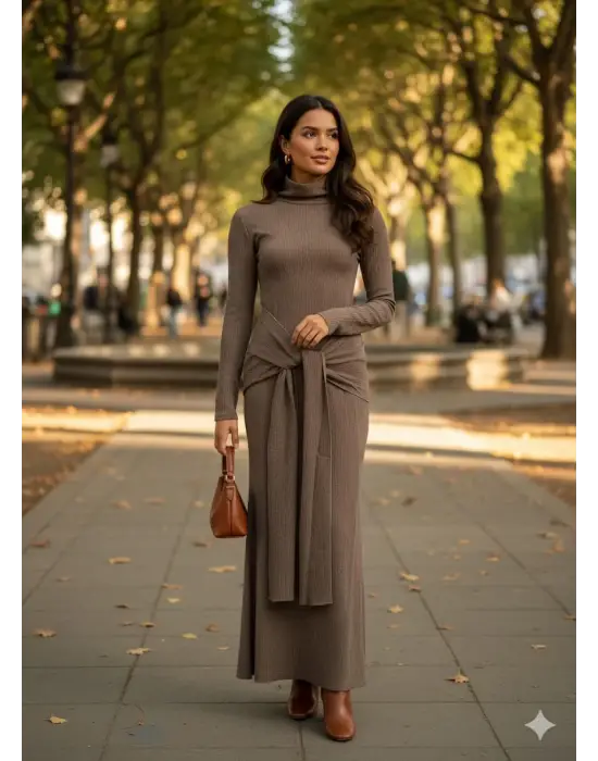 Kendinden kemerli uzun elbise vizon