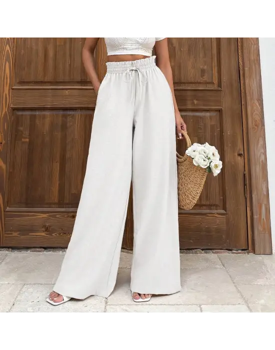 Keten bağcıklı beyaz pantolon