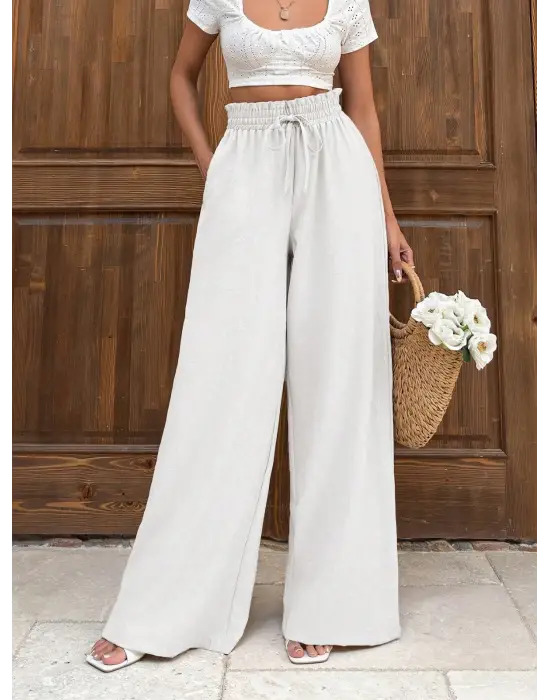 Keten bağcıklı beyaz pantolon