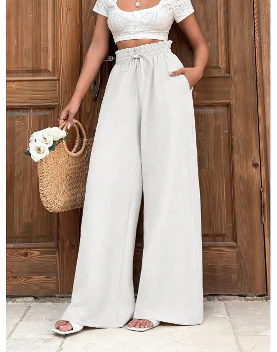 Keten bağcıklı beyaz pantolon