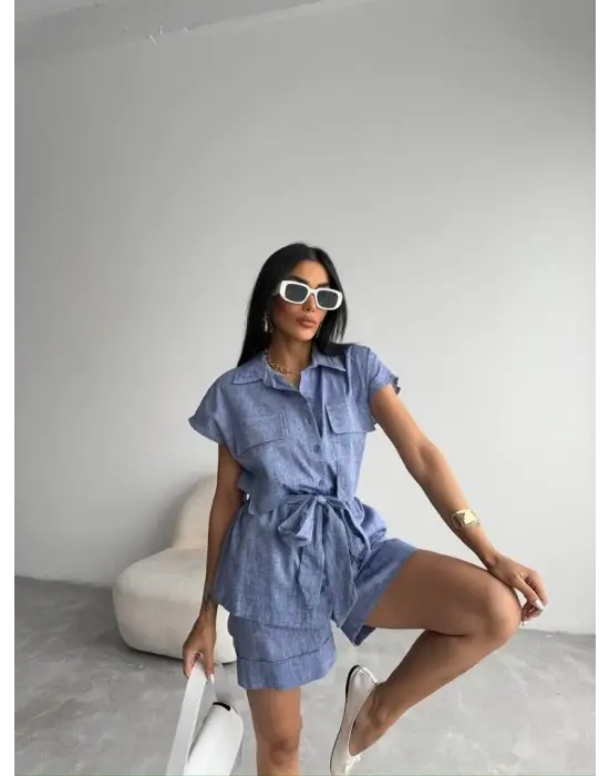 Omarı Duble Paça Şort Takımı - Lacivert