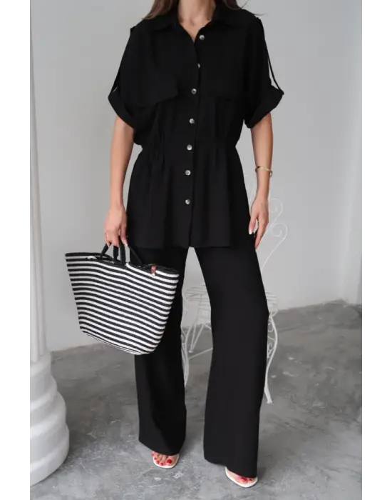 KETEN BELDEN BÜZGÜ DETAYLI GÖMLEK - PANTOLON TAKIM - Siyah