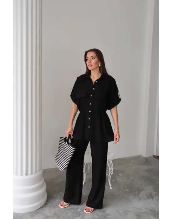 KETEN BELDEN BÜZGÜ DETAYLI GÖMLEK - PANTOLON TAKIM - Siyah