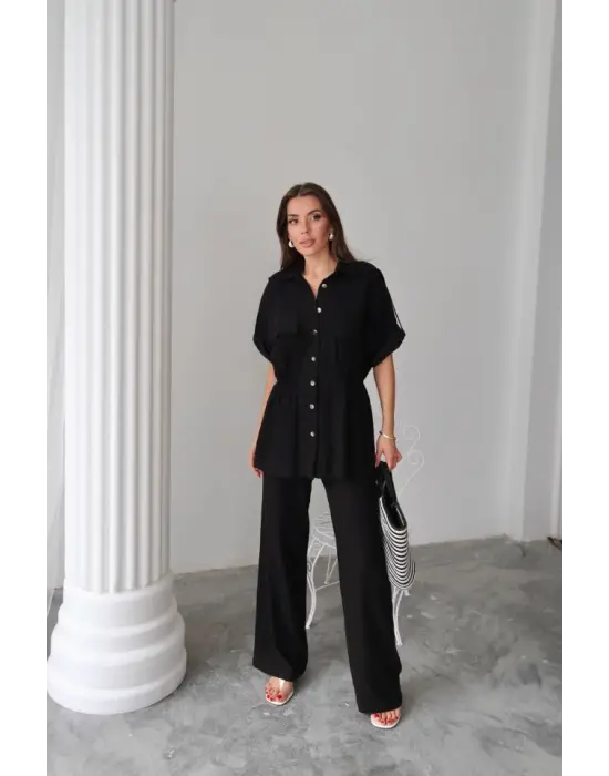 KETEN BELDEN BÜZGÜ DETAYLI GÖMLEK - PANTOLON TAKIM - Siyah