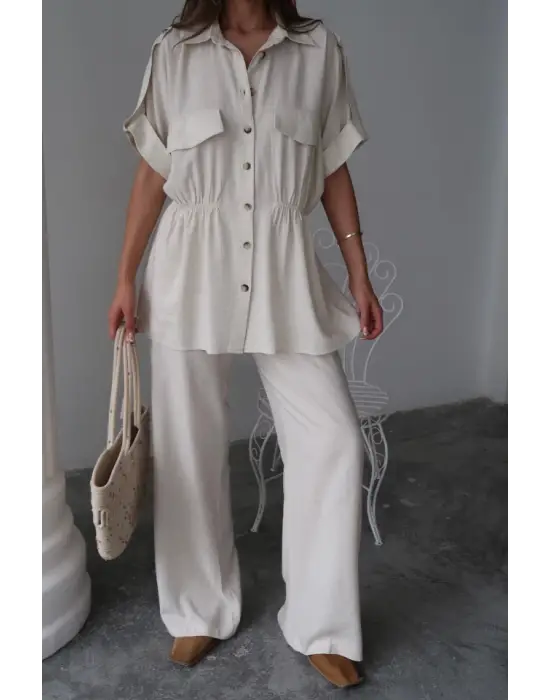 KETEN BELDEN BÜZGÜ DETAYLI GÖMLEK - PANTOLON TAKIM - Taş