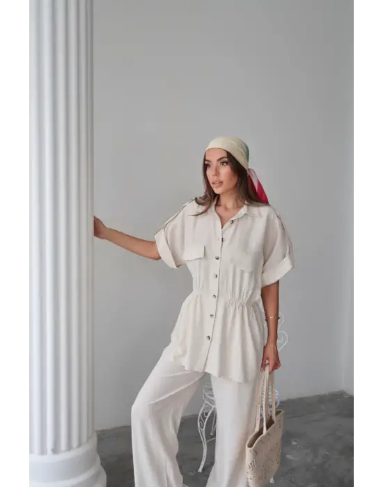 KETEN BELDEN BÜZGÜ DETAYLI GÖMLEK - PANTOLON TAKIM - Taş