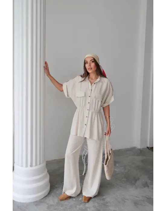 KETEN BELDEN BÜZGÜ DETAYLI GÖMLEK - PANTOLON TAKIM - Taş