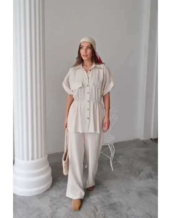 KETEN BELDEN BÜZGÜ DETAYLI GÖMLEK - PANTOLON TAKIM - Taş