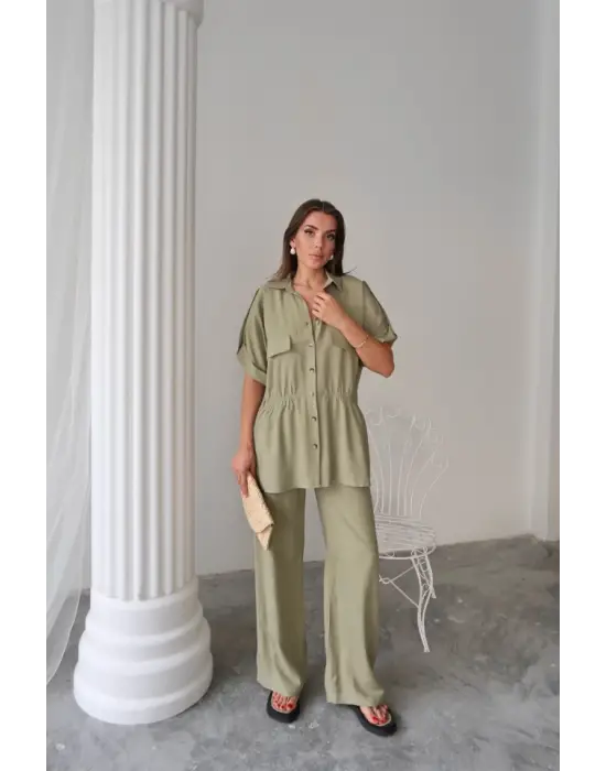 KETEN BELDEN BÜZGÜ DETAYLI GÖMLEK - PANTOLON TAKIM - Yeşil