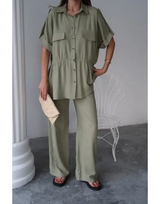 KETEN BELDEN BÜZGÜ DETAYLI GÖMLEK - PANTOLON TAKIM - Yeşil