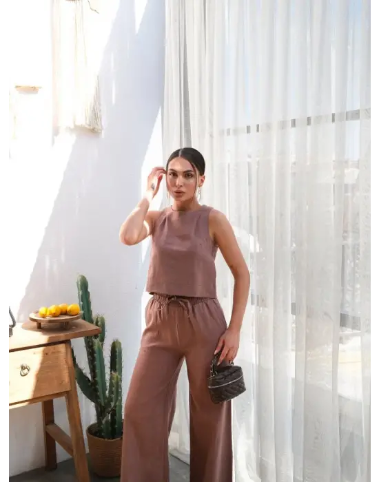 Keten Bluz Ve Pantolon İki̇li̇ Takim