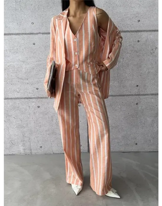 Omarı Renkli Keten Çizgili Ceket - Sezonun Favorisi