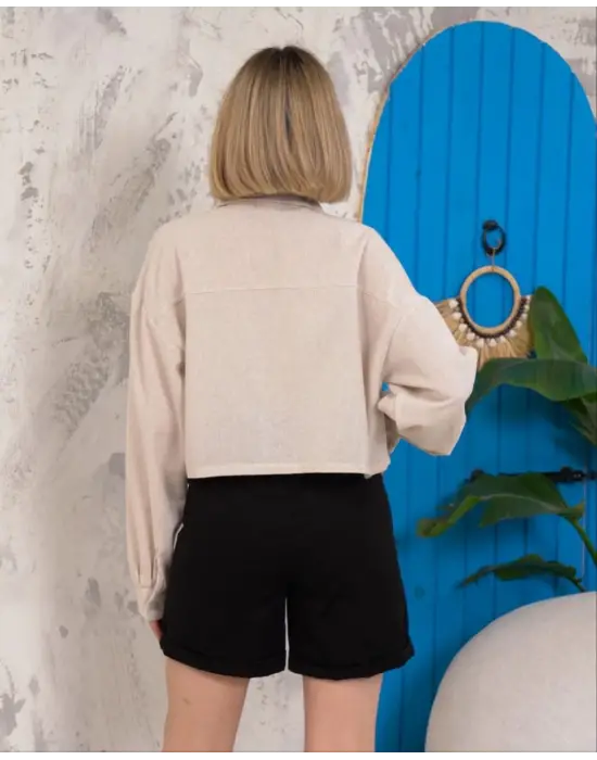 Omarı Keten Crop Gömlek Kemer Cebi