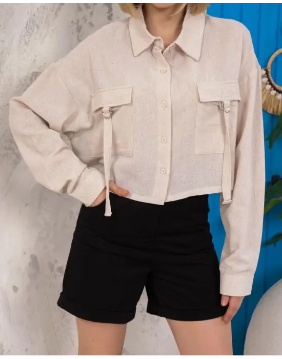 Omarı Keten Crop Gömlek Kemer Cebi