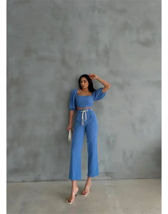 KETEN CROP KARPUZ KOL BLUZ-PANTOLON HASIR KEMERLİ - Mavi