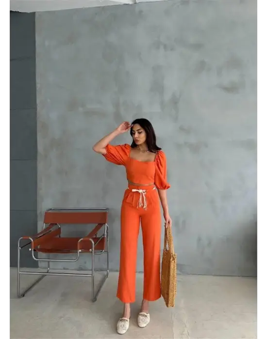 KETEN CROP KARPUZ KOL BLUZ-PANTOLON HASIR KEMERLİ - Orange