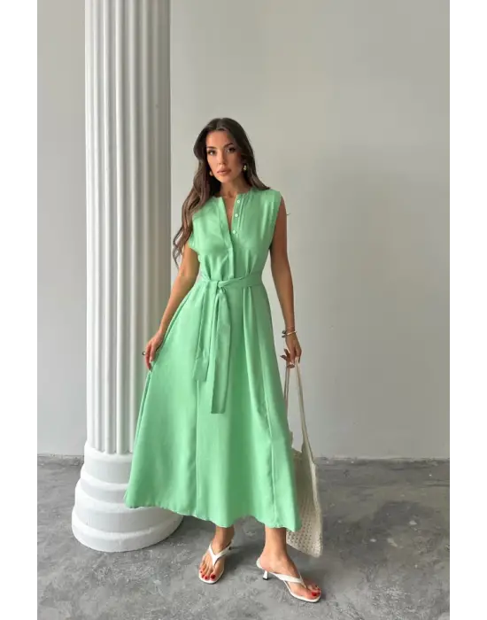 KETEN ELBİSE KOLSUZ BEL BAĞLAMALI MAXİ ELBİSE - Yeşil