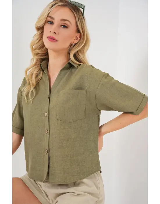 Keten Görünümlü Crop Gömlek 20339 - Çağla