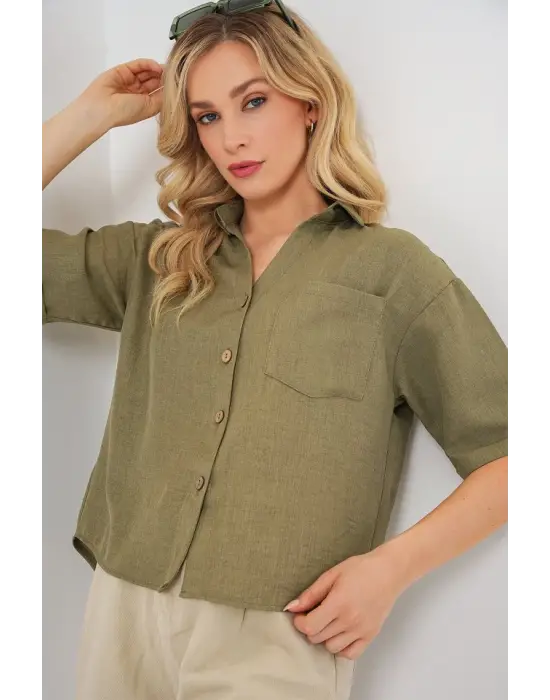 Keten Görünümlü Crop Gömlek 20339 - Çağla