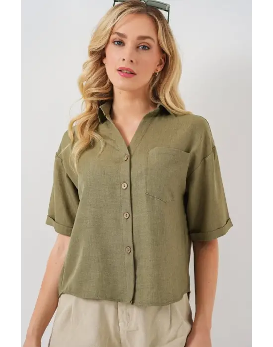 Keten Görünümlü Crop Gömlek 20339 - Çağla