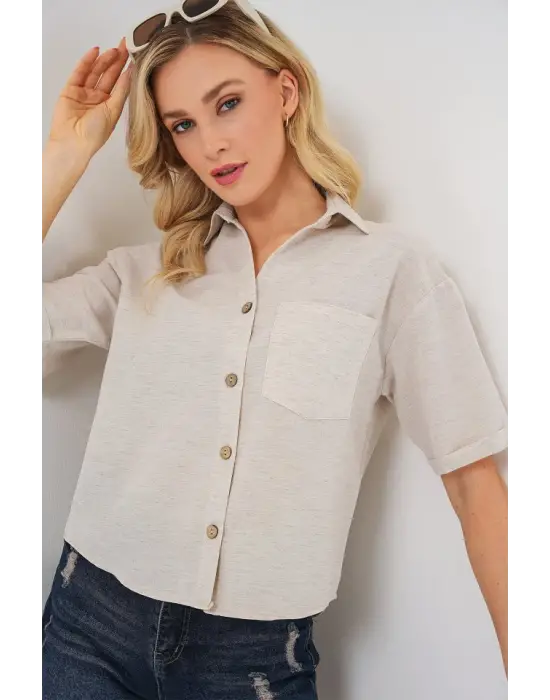 Keten Görünümlü Crop Gömlek 20339 - Krem
