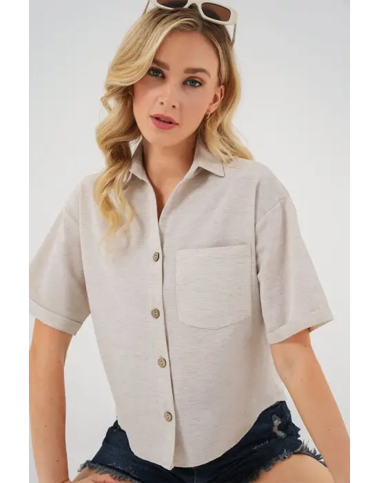 Keten Görünümlü Crop Gömlek 20339 - Krem