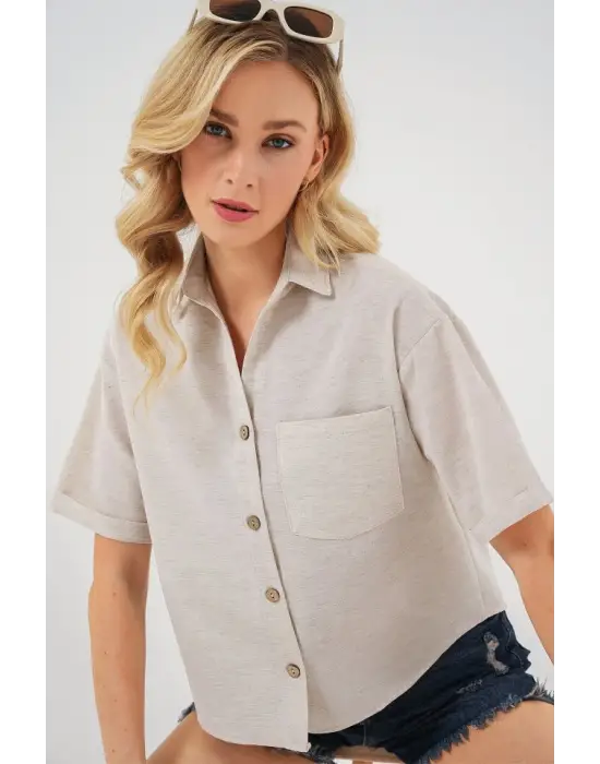 Keten Görünümlü Crop Gömlek 20339 - Krem