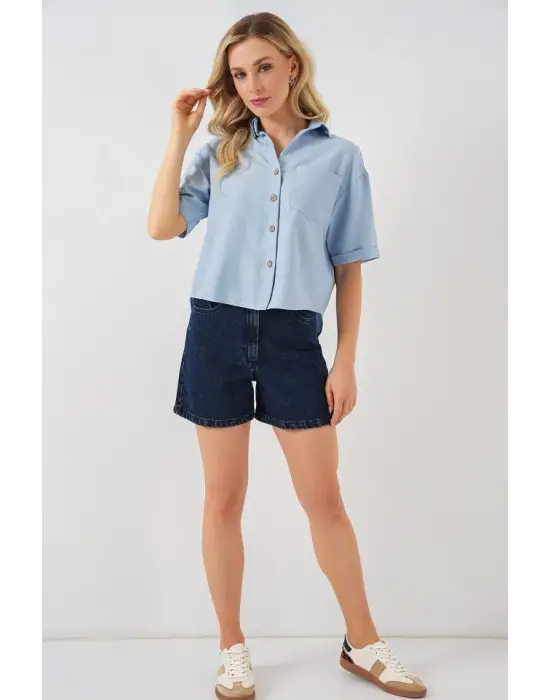 Keten Görünümlü Crop Gömlek 20339 - Mavi
