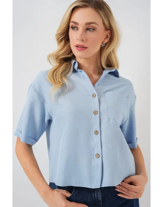 Keten Görünümlü Crop Gömlek 20339 - Mavi