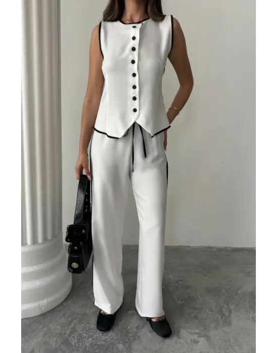 KETEN KENARLARI BİYELİ YELEK - PANTOLON TAKIM - Beyaz