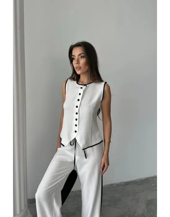 KETEN KENARLARI BİYELİ YELEK - PANTOLON TAKIM - Beyaz