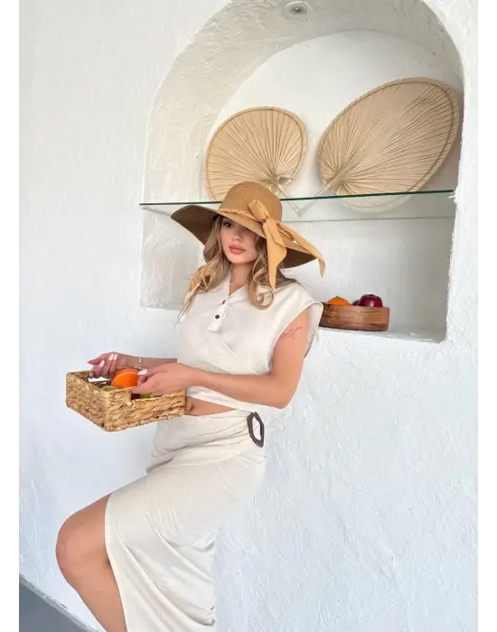 Omarı Krem Renk Keten Uzun Etekli Bluz Takım