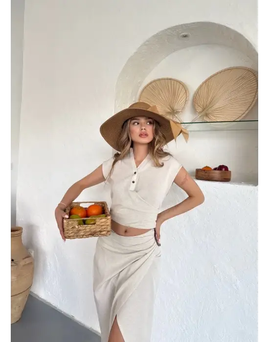 Omarı Krem Renk Keten Uzun Etekli Bluz Takım