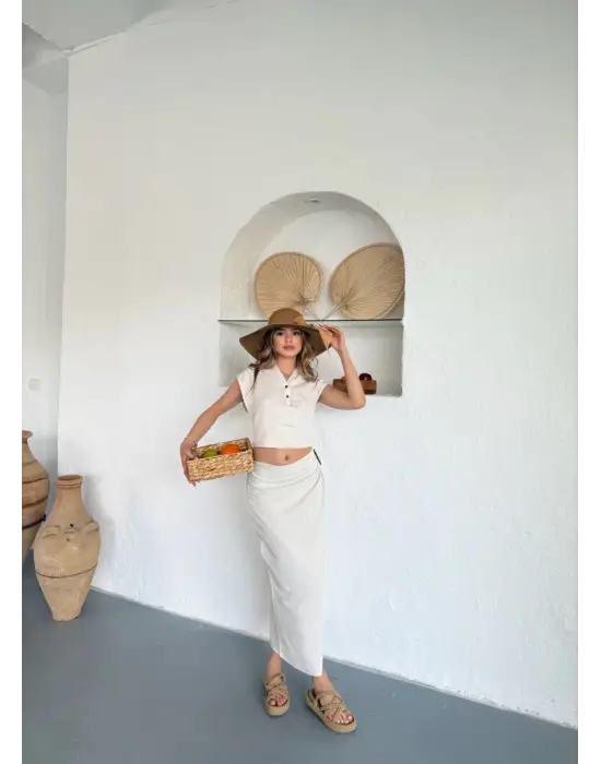 Omarı Krem Renk Keten Uzun Etekli Bluz Takım