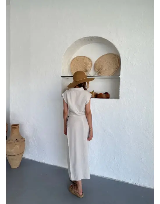 Omarı Krem Renk Keten Uzun Etekli Bluz Takım