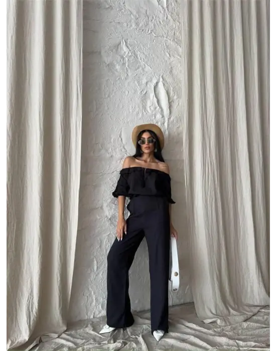 KETEN MADONNA YAKA KOL HASIR ŞERİT - PANTOLON TAKIM - Siyah