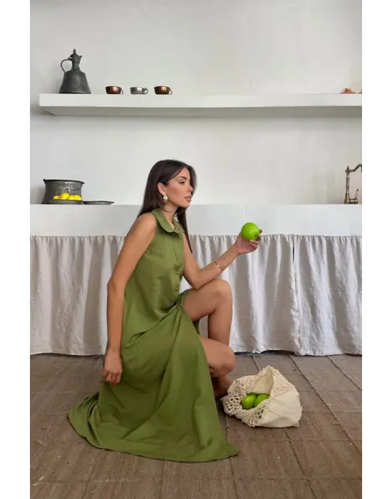 KETEN ÖNDEN DÜĞMELİ KOLSUZ GÖMLEK YAKA ELBİSE - Yağ Yeşili