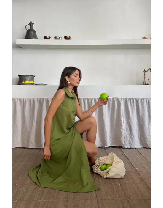 Omarı Keten Önden Düğmeli Kolsuz Elbise - Yağ Yeşili