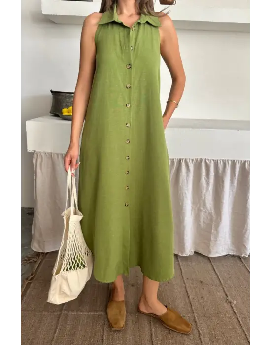 Omarı Keten Önden Düğmeli Kolsuz Elbise - Yağ Yeşili