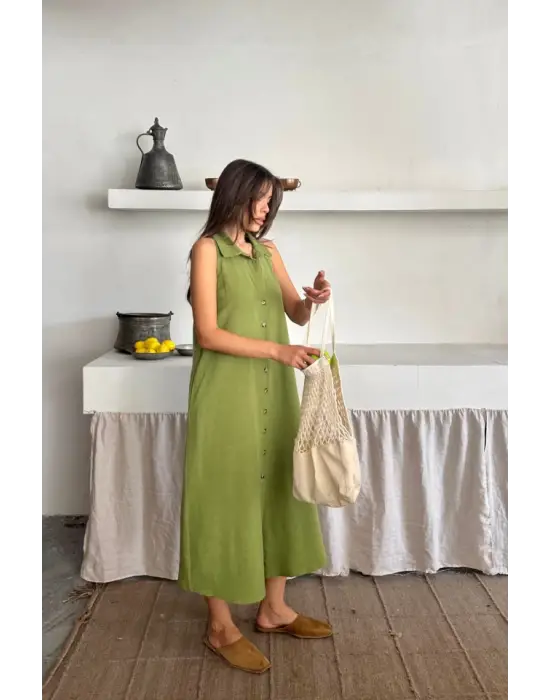 Omarı Keten Önden Düğmeli Kolsuz Elbise - Yağ Yeşili