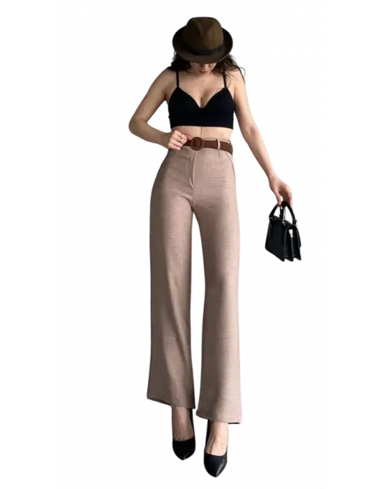 Modern Beli Kemerli Keten Pantolon
