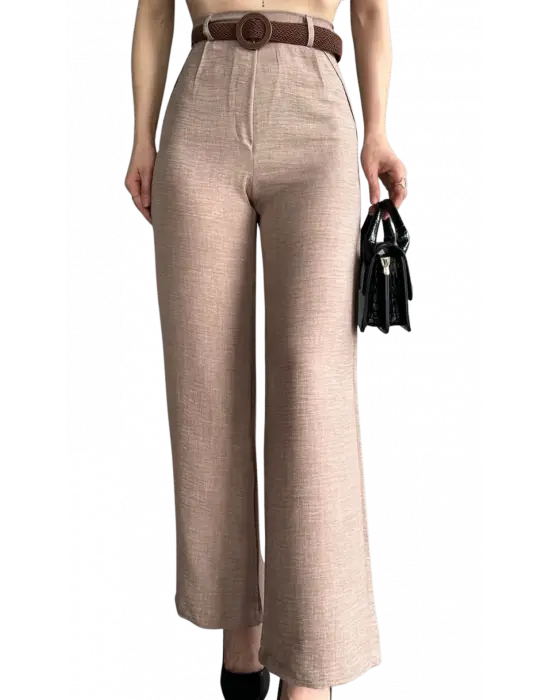 Modern Beli Kemerli Keten Pantolon
