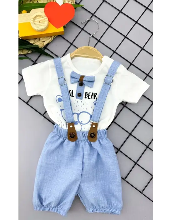 Omarı Papyon Detaylı Keten Şort Salopet Erkek Bebek Takımı