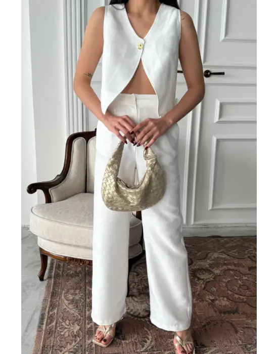KETEN TEK DÜĞME YELEK-PANTOLON TAKIM - Beyaz