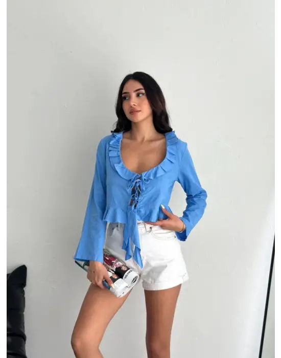 Keten Uzun Kol Bağacık Detaylı Bluz - Mavi