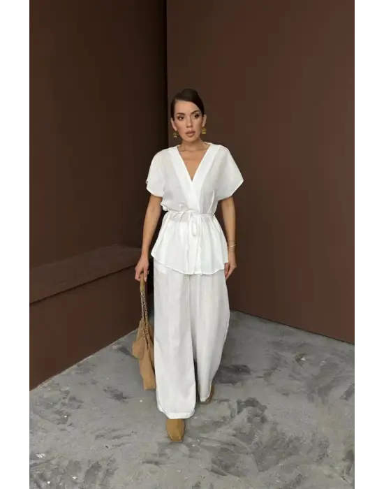 KETEN V YAKA BELDEN BAĞLAMALI BLUZ-PANTOLON TAKIM - Beyaz