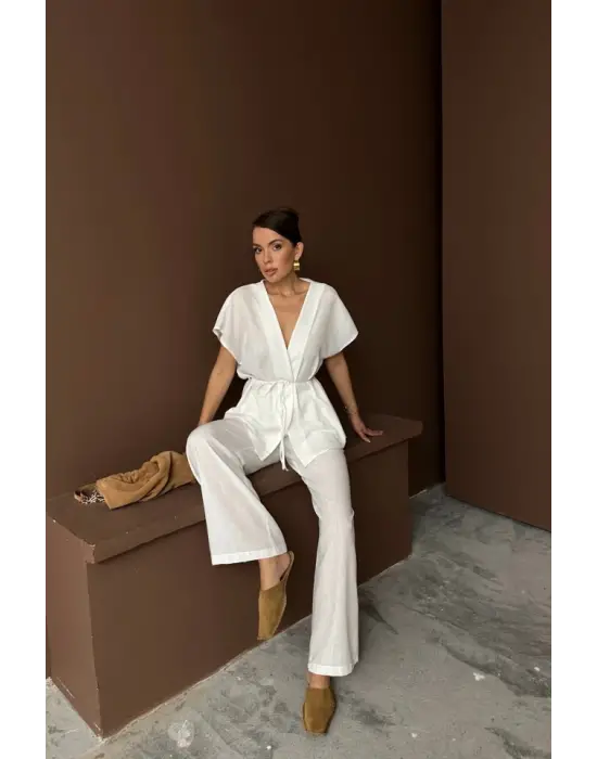 KETEN V YAKA BELDEN BAĞLAMALI BLUZ-PANTOLON TAKIM - Beyaz