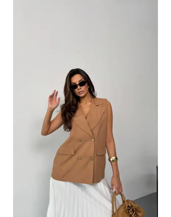 Omarı Doğal Keten Yelek - Kahverengi