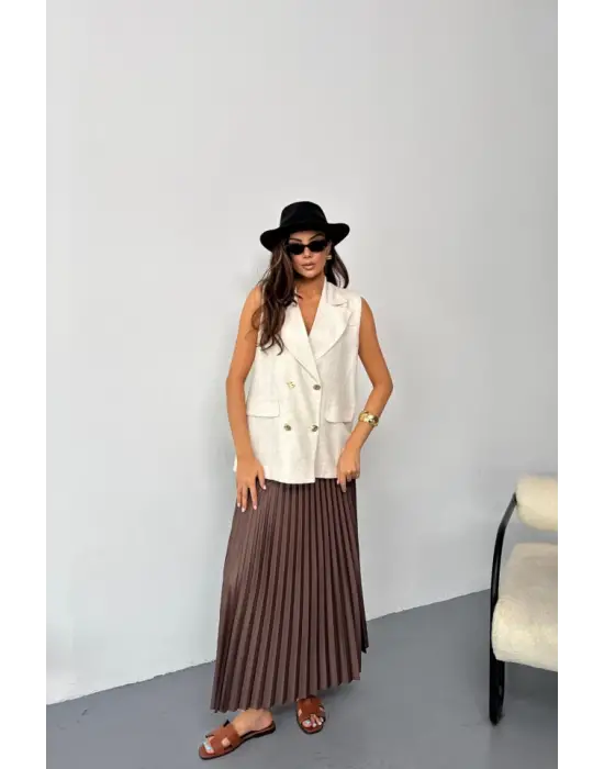 Omarı Etkileyici Gold Düğmelı Keten Yelek - Ham